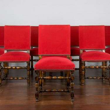 Antique French Louis XIII Style Oak Red Velvet Dining Chairs - Set of 8 
