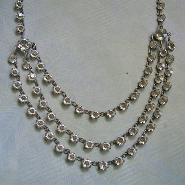 Vintage 1930s Art Deco Sterling and Open Back Glass Crystal Necklace, Old Sterling Crystal Necklace (#4226) 