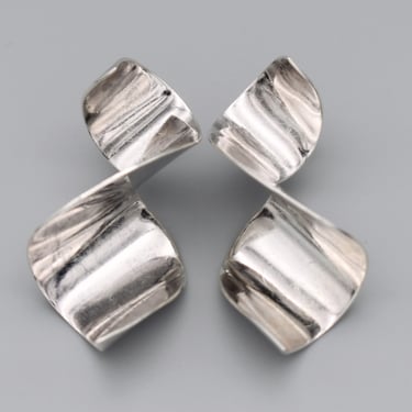 90's Mexico 925 silver twisted ribbon stud dangles, edgy dimensional Modernist sterling statement earrings 