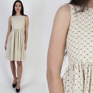 70s Pastel Floral Print Tank Mini Dress, Vintage Old Fashion Style Knee Length Dress 