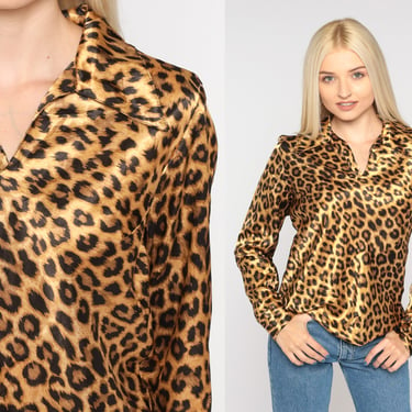 Leopard Print Blouse 90s Animal Print Shirt Wing Collar Long Sleeve Top Retro Party Glam Cocktail Cheetah Collared Vintage 1990s Small S 