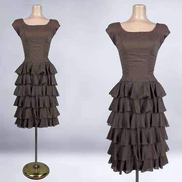 VINTAGE 50s 60s Brown Ruffled Wiggle Dress by Mardi Gras 35B/26W/38H | 1950s Hourglass Tiered Pencil Dress | VFG 