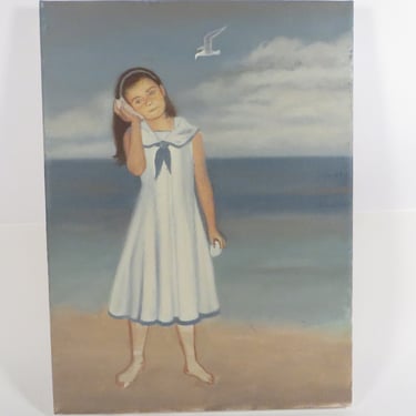 Vintage Painting Girl on Beach - Original Painting Girl Sailor Dress 