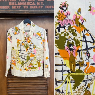 Vintage 1960’s World’s Fair Mod Pop Art Print Cotton Blouse Shirt, 60’s Mod Print, Vintage Shirt, Vintage Floral Print, Vintage Clothing 