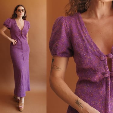 Vintage 70s Confetti Knit Dress with Cutout Sleeves/ 1970s Purple Maxi Dress/ Size Medium 