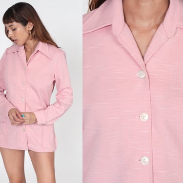 70s Pink Shirt Dagger Collar Blouse Button Up Shirt Long Sleeve Top Disco Shirt 1970s Collared Plain Pocket Polyester Knit Medium 