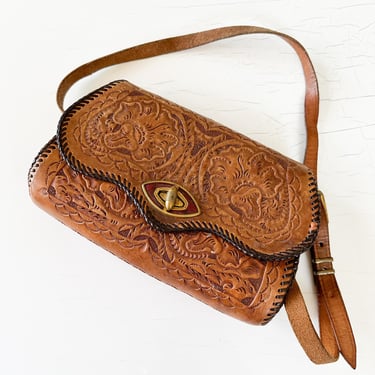 Vintage 1940s Tooled Leather Shoulder Bag 