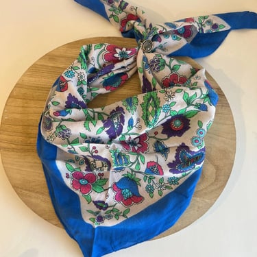 Vintage Blue Berry Floral Print Lightweight Oversized Square Bandana Neck Tie 