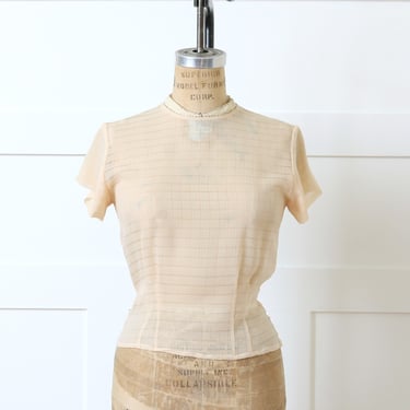 vintage 1950s silk chiffon short sleeve blouse • palest peach beaded tall collar top 