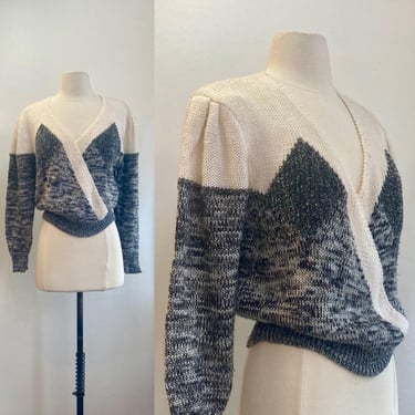 Vintage 70s 80s Sweater  / SPACE Dyed + SILVER Lurex / Cropped + V-Neck + Puff Sleeve Shoulder / M 