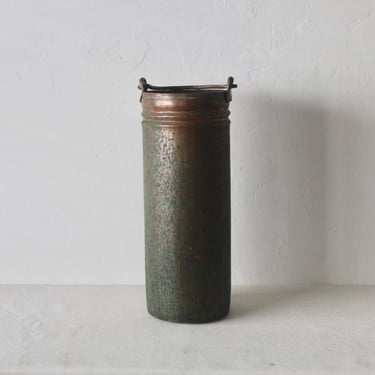 French Style Copper Cylindrical Umbrella Stand with Handle Unrestored Patina Vintage Mid Century 