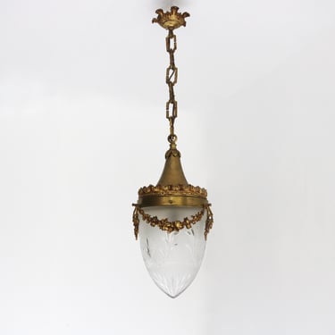 Antique French Bronze Hanging Lamp In Gilded Brass And Satin Cut Glass Art Nouveau Teardrop Shape Ceiling lamp ,1900-1910 