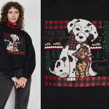 Large 90s Dalmatian & Kitten Winter Sweatshirt | Vintage Black Red Plaid Turtleneck Graphic Animal Pullover 