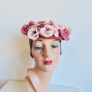 Vintage 1950's Pink Velvet Flowers Hat Spring Summer Rockabilly 50's Millinery Garden Party Bridal Wedding 