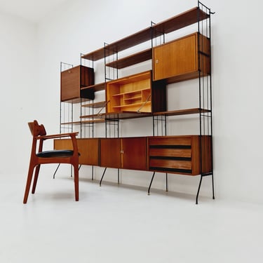 Freestanding string shelf-system unit bookcase teak & metal by Silverschild Germany, 1950s 