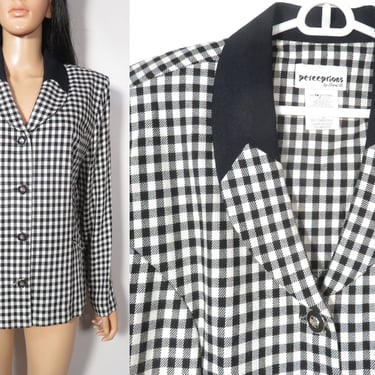 Vintage 90s Black And White Gingham Check Print Blazer With Chain Detail Made In USA Size M 