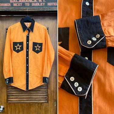 Vintage 1930’s Rare Color Orange x Black Cotton Star Western Cowboy Glam Style Rockabilly Shirt, 30’s Vintage Clothing 