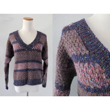 Vintage Fuzzy Knit Sweater - 80s Purple Multicolored Chunky V-neck Pullover - Thick Warm Cozy Wool Blend - Size Medium M 