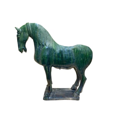 Chinese Distressed Zucchini Green Glazed Ceramic Horse Figure ws2729E 