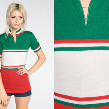 Vintage Cycling Jersey 70s Bicycle Shirt Striped Wool Top Red Green White Color Block Quarter Zip Short Sleeve Italy Sports Bike 1970s xs 