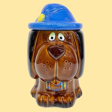 Vintage Cookie Jar Retro 1970s Mid Century Modern +  St. Bernard + Brown and Blue + Ceramic + MCM Kitchen + Dessert Storage + Dog Home Decor 