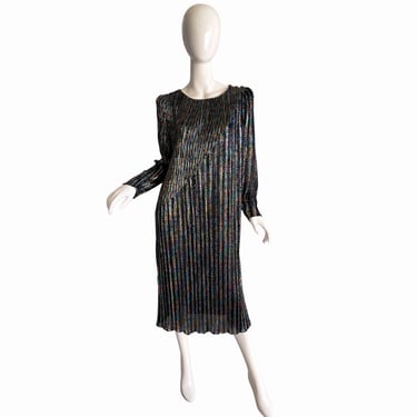 70s New Leaf By Samir Dress / Metallic Disco Metal Rainbow Dress / 1970s Fortuny Party Cocktail Dress Large 