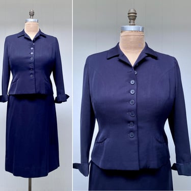 Vintage 1950s Navy Wool Gabardine Suit, 50s Handmacher Princess Seam Jacket and Pencil Skirt Set, Volup Vintage, 44