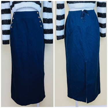 1990s Vintage Ralph Lauren Nautical Lace Back Skirt / 90s High Waisted Cotton Navy Pencil Skirt / Medium - Large 