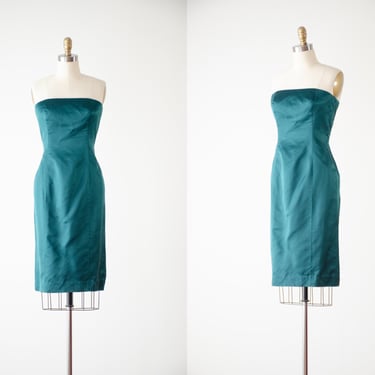 green mini dress | 80s 90s vintage Helene Sidel designer emerald green silk satin short tight strapless bodice dress 