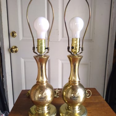 VINTAGE Brass Asian Lamps, Oriental Artist Signed Lamps, Home Decorations 