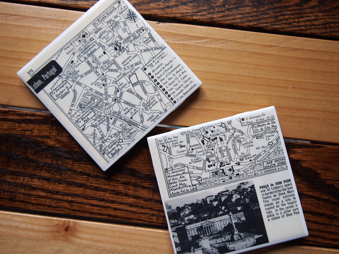 1953 Lisbon Portugal Map Coaster Set of 2. Lisbon Map. Vintage Portugal