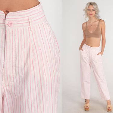 Pink Striped Pants 80s Cotton Trousers Mid Rise Straight Leg Retro Preppy Summer Casual Pastel Pinstripe Print Slacks Vintage 1980s Small 28 