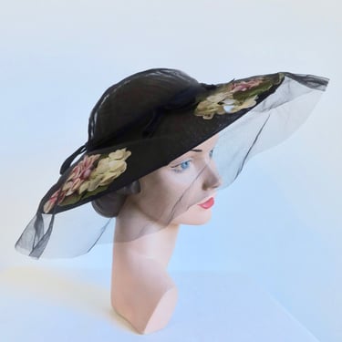 Vintage 1950's Black Tulle Floral Wide Brim Sun Hat with Silk Hydrangeas Flowers Rockabilly Pin Up 50's Millinery Spring Summer Flint & Kent 