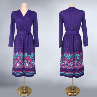 VINTAGE 80s Purple Striped Novelty Fruit Border Print Dress | 1980s V Neck Long Sleeve Cotton Jersey Day Dress | VFG 
