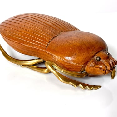 Vintage Mid Century Modern Carved Wood and Brass Scarab Beetle Sculpture by Sarreid Ltd Italy 1970s 