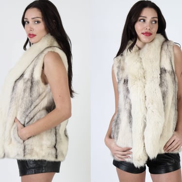 Plush Arctic Fox Vest, Black Cross Mink Fur Jacket, Vintage Sleeveless Real Ski Over Coat 