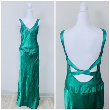 Y2K Morgan & Co Green Silky Rhinestone Backless Gown / Vintage Crossback Beaded Atonement Drop Waist Dress  / Small - Medium 