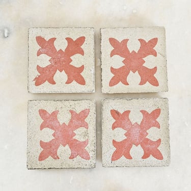 vintage french hand painted ceramic tiles, coral, set of 5