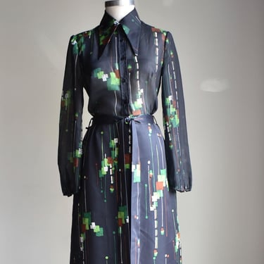 Vintage 1970s 2pc Skirt & Blouse Set / Black and Green Abstract 70s Outfit / 1970s Skirt and Blouse Matched Set 