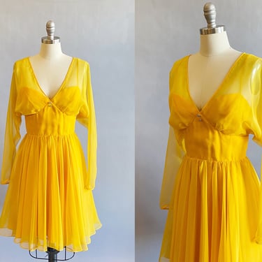 1960s Golden Yellow Chiffon Dress / 60s Cocktail Dress / 1960s Party Dress / Size Small 