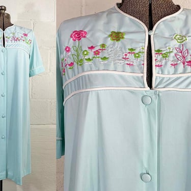 Vintage Nightgown JCPenney Pajamas Blue Floral Embroidery PJ Sleep Dress Gown Sleepwear Nightshirt Short Sleeve XL 1960s 