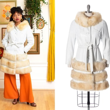 Vintage 1970s Princess Coat | 70s Shearling Fur Trim White Leather Belted Fit and Flare Almost Famous Winter Coat (x-small/small) 