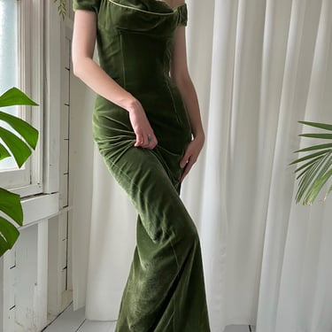 90s Off Shoulder Green Velvet Gown