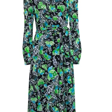 Diane von Furstenberg - Black & Green Floral Long Sleeve Wrap Dress Sz M