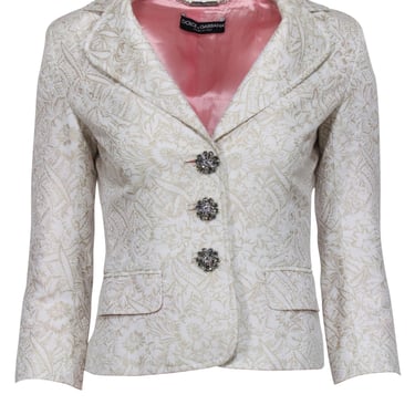 Dolce &amp; Gabbana - Gold Brocade Crop Sleeve Blazer w/ Jeweled Buttons Sz 2