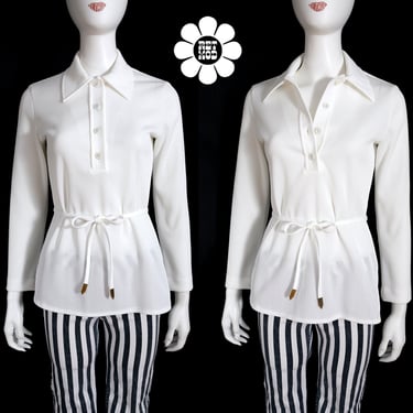 Too Good Vintage 60s 70s White Ribbed Tunic Top with Dagger Collar and Waist Tie 