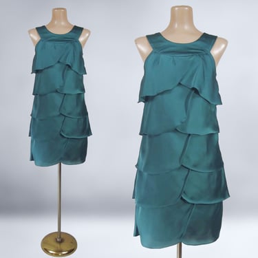 VINTAGE Y2K 2000s Teal Satin Tulip Petal Tiered Shift Dress by BCBG Paris Size 2 | 00s does 20s Flapper Mini Dress | VFG 