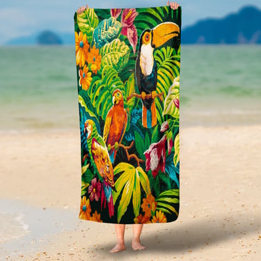 Beach Bath Towels Tropical Botanical Birds ~ Vintage Tropical Vibes ~ Tropical Birds Bold Beach Towels ~ Bold Bright Beach Bath Towels 