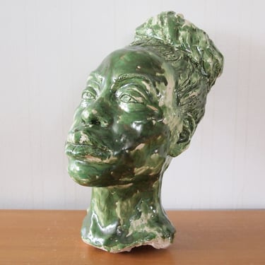 Original Vintage BUST of BLACK African WOMAN 12" Plaster Clay Ceramic Sculpture Statue Portrait Mid-Century Modern Art green braids eames 