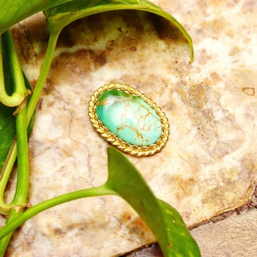 Vintage 14K Gold Crown Oval Turquoise Pendant, Marbled Green Gemstone Cabochon, Ornate Yellow Gold Setting, 